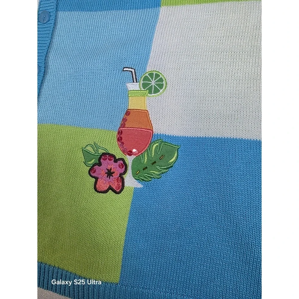 Breckenridge‎ Women 2X Palm Tree Short Sleeve Knit Cardigan Blue Green Tropical
